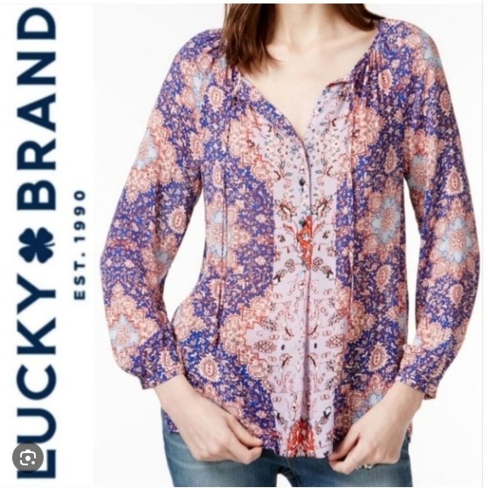 Lucky Brand Purple Floral Print Boho Peasant‎ Blouse
